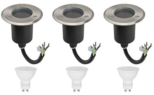 JungesLicht 3er Set Bodeneinbauleuchte Rund IP67 Wasserdicht 230Volt AC GU10 5Watt LED Leuchtmittel Warmweiss 410Lumen 3000K Befahrbar Edelstahl Rostfrei Gehwegbeleuchtung Gartenbeleuchtung flach