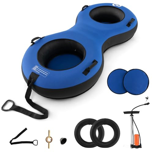 COSTWAY Aufblasbarer Schlitten, 200cm Langer Schneereifen für 2 Personen mit abnembarer Schleppleine & Reifenpumpe, Schneeschlauch Rodelreifen für Kinder & Erwachsene, 200kg Belastbar (Blau)