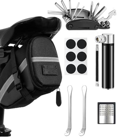 Fahrrad Reparaturset mit Satteltasche, 16-in-1 Fahrrad Multitool + 120 PSI Mini-Luftpumpe, Fahrrad Werkzeugset unterwegs, Notfallwerkzeug Flickzeug | Werkzeug Set für Fahrrad, MTB, Rennrad