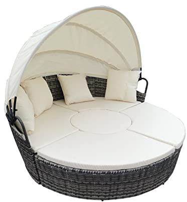 Ribelli Polyrattan Sonneninsel mit Faltbarem Sonnendach, Outdoor Gartenmöbel, Balkonmöbel, Wetterfest Sitzgruppe, Sonnenliege mit Sitz- und Rückenkissen, für Rasen, Terrasse, Balkon, Garten, Grau