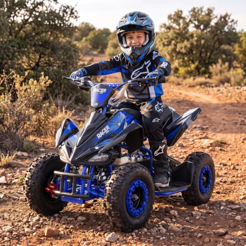Actionbikes Motors Kinder Quad Elektro ATV Racer (Schwarz/Blau) | 𝟑𝟔 Volt 𝟭𝟬𝟬𝟬 Watt Motor bis 𝟐𝟒 km/h | Kinderquad | Pocket Quad | Safety Touch Fußschalter | Für Kinder ab 8 Jahren