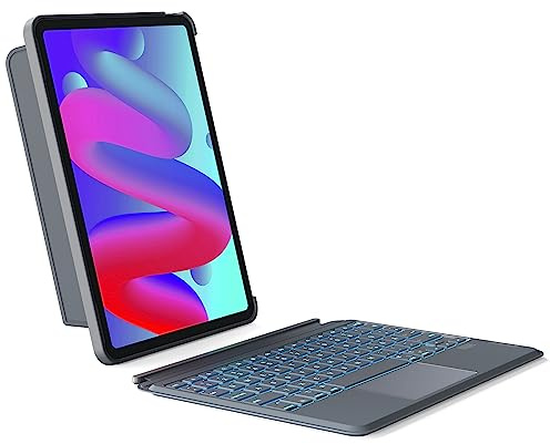 Inateck Hülle mit Tastatur für iPad 11(A16)/10. Gen, QWERTZ | Kompatibel mit iPad Air 5/4, Pro 11, Touchpad, 7 FarbigerBeleuchtung, Hoch-/Querformat Ständer, AceTouch, Grau
