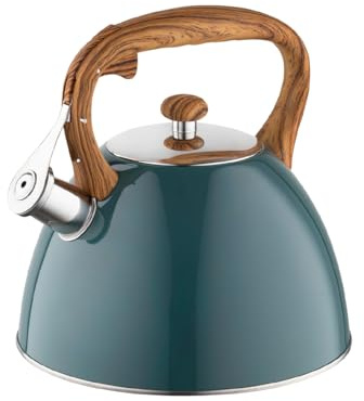 FLORINA Wasserkessel (2,5 l) I Edelstahl Teekessel FRANK I Flötenkessel mit Holzgriff I Automatischer Pfiff I Wasserkocher für Induktionsherd, Gasherd und Elektroherd I Farbe: dunkelgrün matt