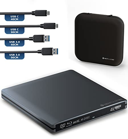 techPulse120 Externes USB 3.1 Blu-ray DVD CD USB-C UHD 4k 3D M-DISC BDXL HDR10 128GB Laufwerk Brenner Burner Superdrive BD Imperator Paket Tasche 90cm Anschlusskabel Aluminium Grau
