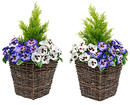 Künstlicher Pflanzentopf für die Terrasse, mit weißen und lila Blumen, Set mit 2 Stück