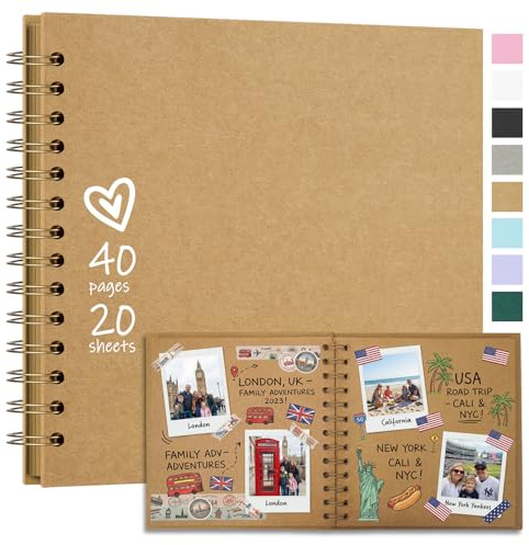 Vienrose Fotoalbum zum Selbstgestalten 18x18 cm, 20 Blätter 40 Seiten | DIY Scrapbook Bastelalbum, Hardcover Kraftpapier Spiralalbum als Geschenk für Hochzeit Geburtstag Jahrestag