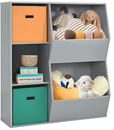DREAMADE Kinderregal mit 5 Ablage und 2 Stoffbox, Aufbewahrungsregal Bücherregal für Kinder, Spielzeug-Organizer, Spielzeugregal für Kinderzimmer Spielzimmer und Kindergarten (Grau, 5 Ablage)