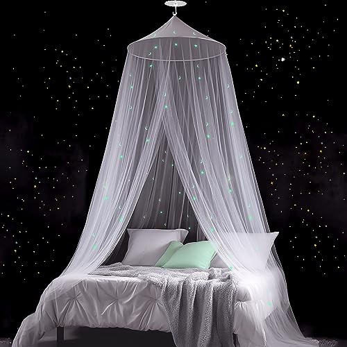 Modacraft Sterne Mond Leuchtende Moskitonetz für Doppelbett Einzelbett Babybett Kinderzimmer mit Klebehaken Schrauben, Feinmaschiges Betthimmel Mückennetz für Zuhause und Reisen Indoor Outdoor