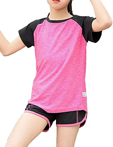 Echinodon Mädchen Sport Set Shirt + Shorts Schnelltrockend Anzug für Yoga Jogging Training Rosa 160