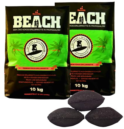 BlackSellig Beach Premium Kokos Grillbriketts – Cocos Holzkohle für Dutch Oven, BBQ & Smoker – Hochwertige Grillkohle & Holzkohlebriketts – Lange Brenndauer & Hohe Hitze (20kg)