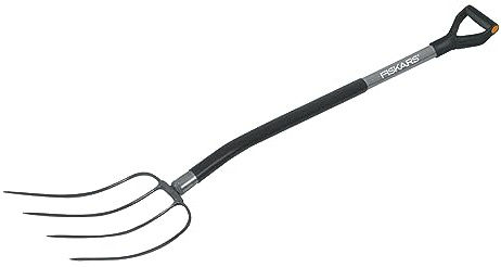 Fiskars Dunggabel, Mist- und Heugabel mit 4 Zinken, Länge: 137 cm, Hochwertige Borstahl-Zinken, Grau/Schwarz, Ergonomic, 1001695