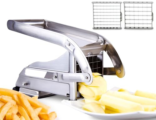 ICO Pommesschneider mit 2 Edelstahlklingen, Kartoffelschneider für hausgemachte Pommes, Pommesschneider Edelstahl mit Rutschfester Saugtechnologie