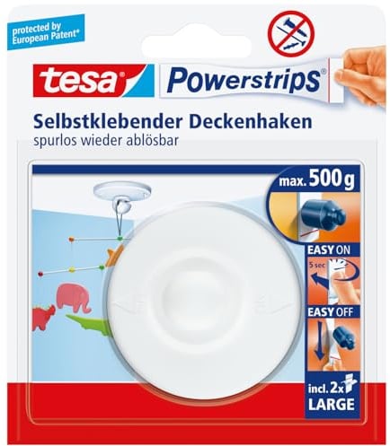 tesa Powerstrips Deckenhaken - Selbstklebender, drehbarer Haken in Weiß zum Aufhängen von Decken-Dekoration - Mit tesa Powerstrips Large - Bis zu 500 g Halteleistung