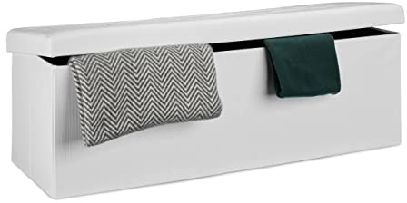 Relaxdays Faltbare Sitzbank XXL, Sitzcube mit Stauraum, Sitzwürfel aus Leinen, mit Deckel, HBT 38 x 114 x 38 cm, weiß