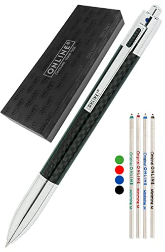 Online 4-Farb-Kugelschreiber in Carbon Design, inkl. Ersatzminen, Drehmechanik, Multifunktionsstift aus Metall mit vier D1 Kugelschreiber-Minen, in Geschenkbox