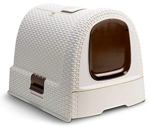 Curver petlife Katzentoilette mit Deckel, Katzenklo inklusive Schaufel, moderne Rattangeflecht-Optik, weiß, 51,5 x 38,5 x 40 cm