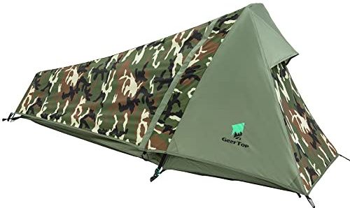 GEERTOP 1 Person Biwakzelt Biwaksack Zelt Trekkingzelt Campingzelt Minipack Leicht, 3 bis 4 Jahreszeiten für Outdoor Camping Wandern Reisen und Klettern (Camouflage, 213x101x91 cm)