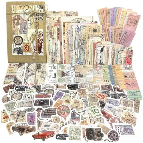 240PCS Scrapbooking Sticker Set Vintage Scrapbooking Papier Retro Aufkleber Tagebuch Selbstklebend Bastelpapier Dekopapier Reise Scrapbooking Washi Dekorativ Sticker für Journaling Notizbuch Fotoalbum