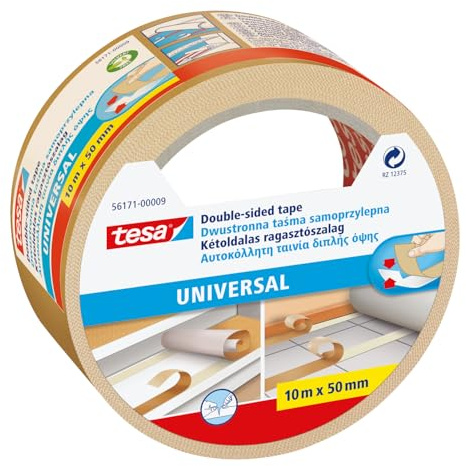tesa Doppelseitiges Klebeband Universal - Vielseitiges Klebeband für Verpackungen, Deko und Teppiche oder zum Basteln - 10 m x 50 mm