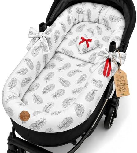Stubenwagen Umrandung aus Musselin Baumwolle – Nestchen für Babywanne Kinderwagen und Buggy Atmungsaktiv – Schonbezug Set 3-teilig mit Kissen und Einlage für Neugeborene Gefieder
