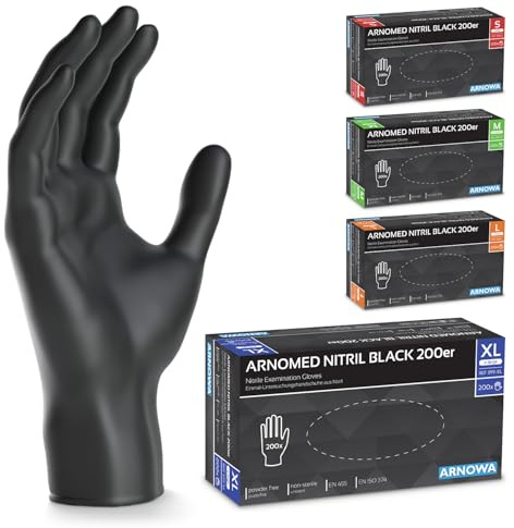 ARNOMED Einweghandschuhe Schwarz 200 Stück/Box, Einmalhandschuhe XL, Nitrilhandschuhe, Handschuhe Einweg puderfrei, latexfreie Gummihandschuhe, Einweghandschuhe in S, M, L & XL verfügbar