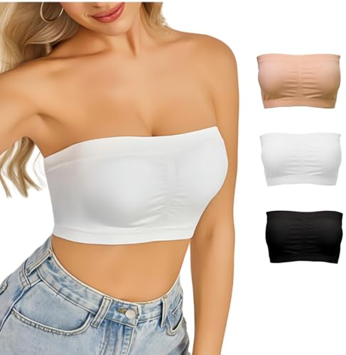 SHOCHX 3 Stück Damen Tube Top BH Bandeau Weiche Trägerlos BH Nahtlose Dehnbar Brust Wickeln, Schwarz+Weiß+Beige