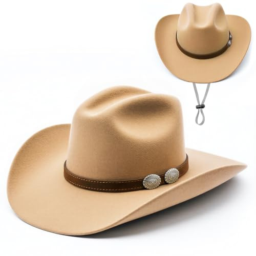 Cowboy Hut aus Filz für Damen & Herren,Westernhut Größe M 57 cm Kopfumfang,Leichter Texanischer Cowboy Hut mit Gürtelschnalle & Breiter Krempe,Hut für Karneval,Festivals,Partys & Sonnenschutz (Beige)