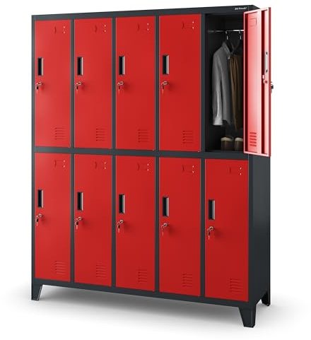 Jan Nowak Umkleideschrank 5B2A Spind Spint Schließfachschrank Metallschrank mit 10 Fächern Etikettenhalter Lüftungsschlitze Metall Pulverbeschichtet 172 cm x 136 cm x 45 cm (Anthrazit-Rot)