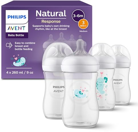 Philips AVENT Natural Response Geschenkset für Babys: 4 Natural Response Babyfläschchen (260 ml) mit T3 Saugern (ab 1 Monat), SCY903/61