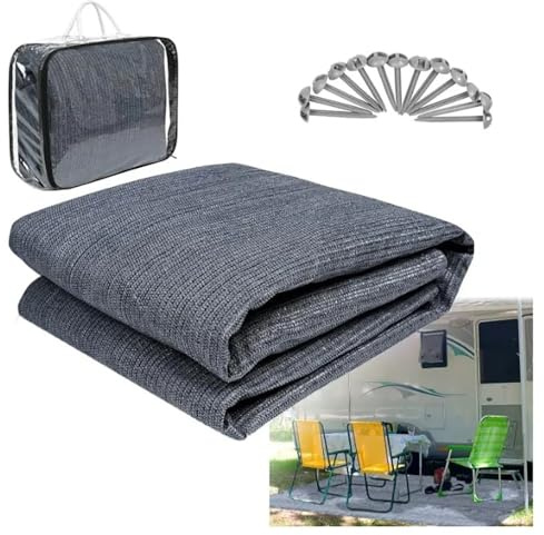 NEWFUN Vorzeltteppich 250x300 cm, Atmungsaktiv & rutschfest mit Ösen, Abwaschbarer Outdoor-Camping-Teppich für Zelt und Wohnmobil, Inkl. Tragetasche und Heringe