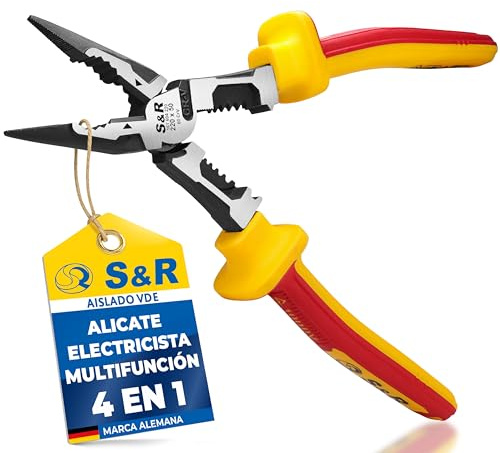 S&R Spitzzange Flachzange 220mm VDE isoliert 1000V - Elektriker Zange gesenkgeschmiedet 60CrV Stahl, Profi Elektrikerzange mit Abisolierfunktion AWG 10-18