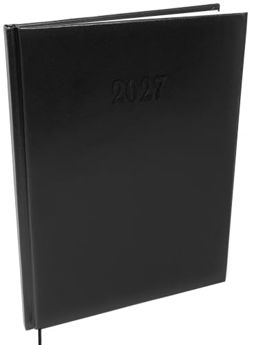 Terminkalender 2027 fast A4 - Buchkalender 1 Woche 2 Seiten (Schwarz) | Terminplaner 2027 A4 mit Halbstunden-Taktung 7-21 Uhr, Lederoptik Hardcover & Leseband | Kalender für Büro & Business