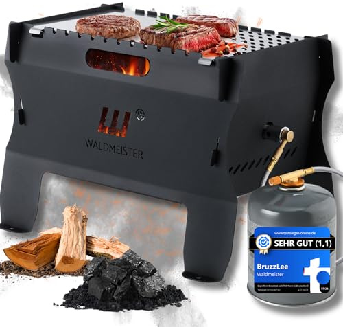 WALDMEISTER BruzzLee mobiler Gasgrill klein | kompakter Camping Gasgrill mit 2 Brennern | Kompaktgrill steckbar | Tischgrill für Camping, Balkon, Outdoor