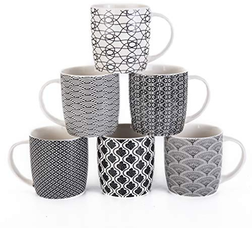 6er Set Kaffeebecher mit schwarz-weißem geometrischen Muster, Keramik Teetassen-Set 6er Pack (schwarze Tasse-Set) (Schwarz set of 6)