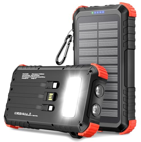 Solar Powerbank 26800mAh, PD15W USB C Externer Akku mit 3 Kabeln, 5 Ausgänge 3 Eingänge Wasserdichtes Solar Ladegerät mit Zwei Taschenlampen und Karabiner für Camping