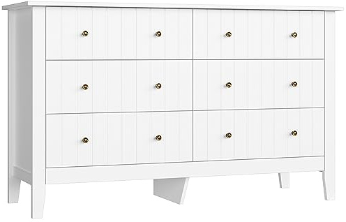 FOREHILL Kommode weiß, 133cm breit Sideboard Komodenschrank mit 6 Schubladen, für Schlafzimmer Wohnzimmer Flur 133x45x79,5cm