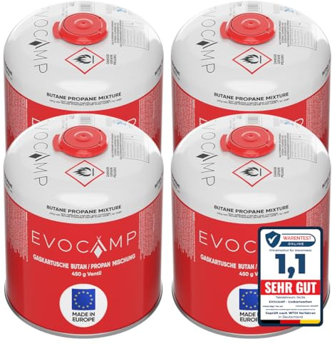 EVOCAMP 4x Propan Butan Gaskartuschen 450g einsetzbar für Weber Grills Q100/1000-Serien, Schraubkartusche Eurogewinde 7/16", Ventilkartusche 809ml mit Sicherheits-Verschlussautomatik