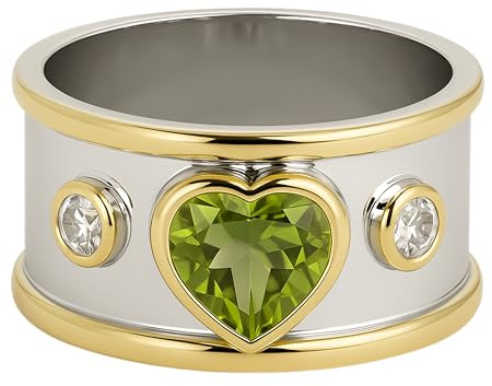 Peridot Herz Statement Ring Damen, Mixed Metal Sterling 925 mit vergoldeten Akzenten, Natürlicher Edelstein Geburtsstein August, Handgefertigtes Geschenk für Frauen (Größe: US Size 6 / Diameter 16.5)