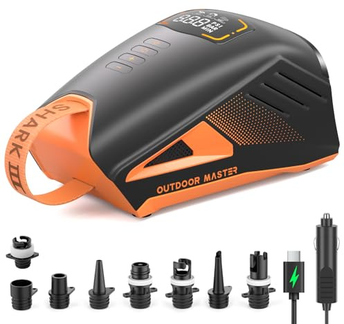 OutdoorMaster Shark 3 SUP Pumpe Elektrisch mit Akku - 3'50 Schnelles Aufpumpen, 20PSI 74Wh Luftpumpe SUP Elektrische- Auto-Off & Entleerung, 12V/15.8V DC & Type-C Input, 8 Düsen für Inflatables,Boote