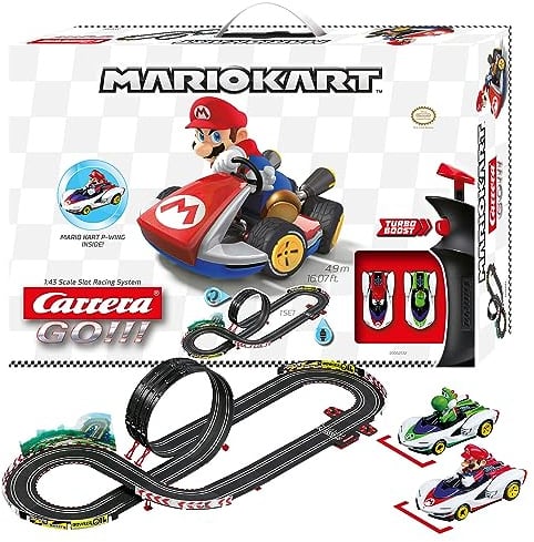 Carrera Go!!! Mario Kart™ - P-Wing Set Rennbahn mit Mario und Yoshi | 2 Slotcars inkl. 2 Handregler mit Turbo-Knopf | Actionreiche 4,9 m Strecke inkl. Looping, Rundenzähler und Mario Kart™