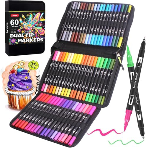 Lyuvie Filzstifte Set, 60 Farben Pinselstifte Aquarell Brush Pen Set, 1-5 mm und 0,4 mm Pinselstifte und Fineliner Marker zum Zeichnen, farbiges Mandala