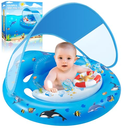 GLOPUS Schwimmring Baby, Baby Schwimmring ab 6-36 Monate Schwimmhilfe Kinder 1 Jahre, Verstellbarer Sicherheitssitz mit UPF50+ Sonnenschutzdach & Spielzeug