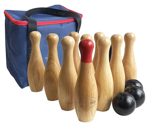 Bowlingspiel aus Holz, Wurfflaschen, Rasen-Spiel für die Familie, Spiel-Set mit Tragetasche (H 26 cm, 10 Stifte + 3 Bälle)