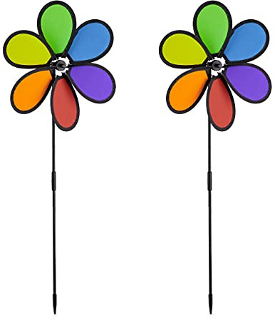 Relaxdays Windrad Blume, 2er Set, Deko Gartenstecker für Balkon, Terrasse & Garten, HBT 66 x 27 x 7 cm, Regenbogen, bunt