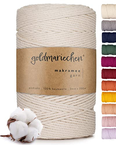 goldmariechen - Premium Makramee Garn (Naturell) 3mm x 200m - 100% Baumwolle - Makrameegarn Baumwollgarn für DIY-Deko Wandbehang, Blumenampel, Vorhang, Traumfänger, Schlüsselanhänger, Türvorhang