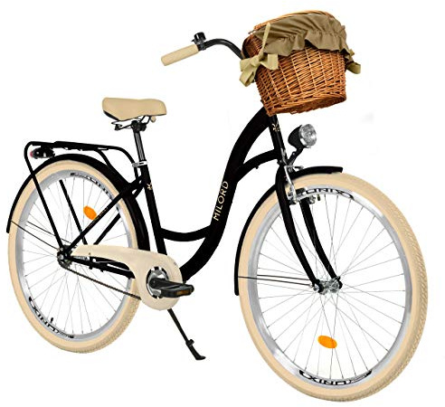MILORD. 28 Zoll 1-Gang, schwarz und Creme, Komfort Fahrrad mit Korb und Rückenträger, Hollandrad, Damenfahrrad, Citybike, Cityrad, Retro, Vintage