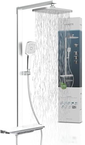 Schütte HAWAII Duschsystem mit Thermostat und Glasablage, Duschset mit 30x20cm Kopfbrause, Regendusche mit Wandhalterung und Duschkopf, Duschpaneel Duschsäule, Chrom