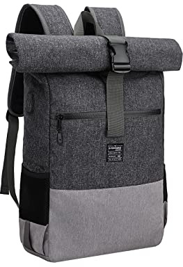 EverVanz Laptop-Rucksack, Damen & Herren Roll Top Wasserdichter Wanderrucksack, Leichtgewichtiger Freizeit-Rucksack, Stilvolle Schultasche mit USB-Ladebuchse, L, grau