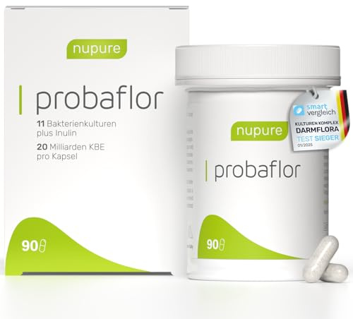 Nupure® Probaflor 90 Kapseln, mit 1.800 Mrd KBE/kasten*, 11 Spezielle Bakterienstämme, Mit Inulin und Lactobacillus salivarius SP2, Besser geschützt dank Spezialdose, Vegan