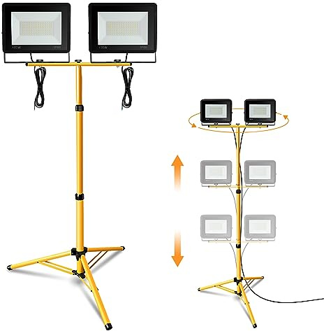 Jiubiaz LED Baustrahler 2x100W Warmweiß mit Stativ, 8500LM Baustellen Strahler inkl.1m Kabel, 3000K Arbeitsleuchte Wasserdicht IP66, HöHenverstellbar, 360 Grad Drehbar (kein Stecker)